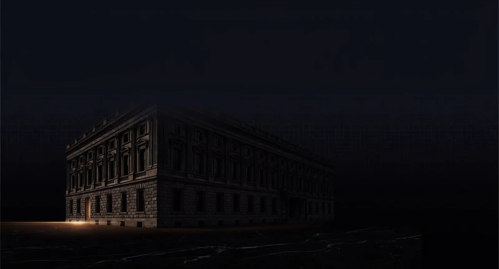 An obsidian holding-house at night, one window lit in gold.