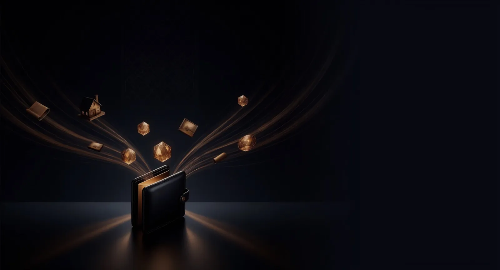 An obsidian wallet drawing in digital coins and real-world assets on streams of gold light.