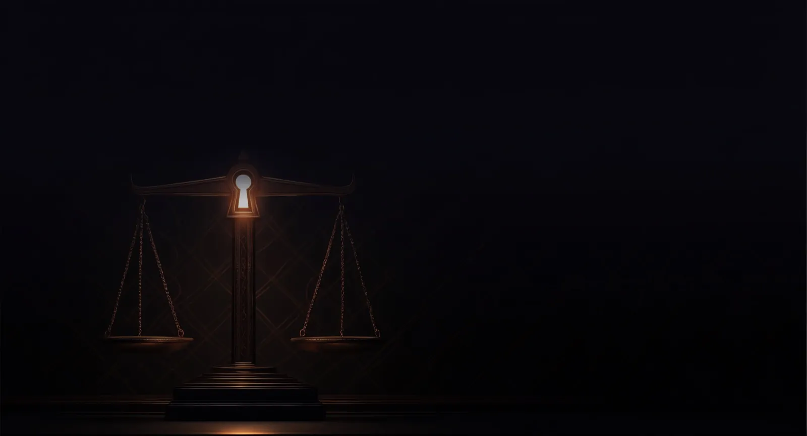 Golden scales of justice fused with a keyhole of light.
